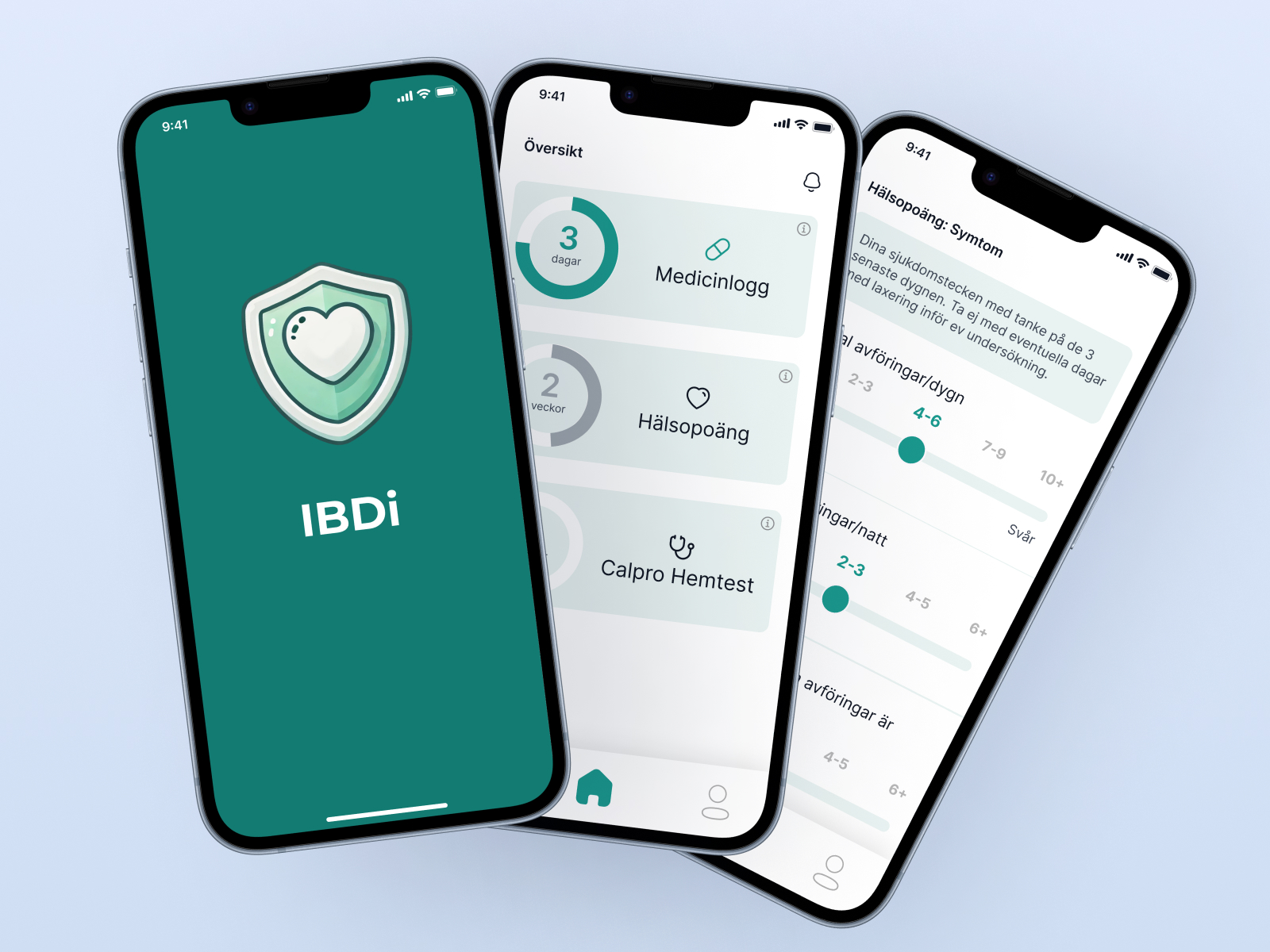 IBDi patient app shown on three iPhones: splash screen, daily overview, and symptom score.