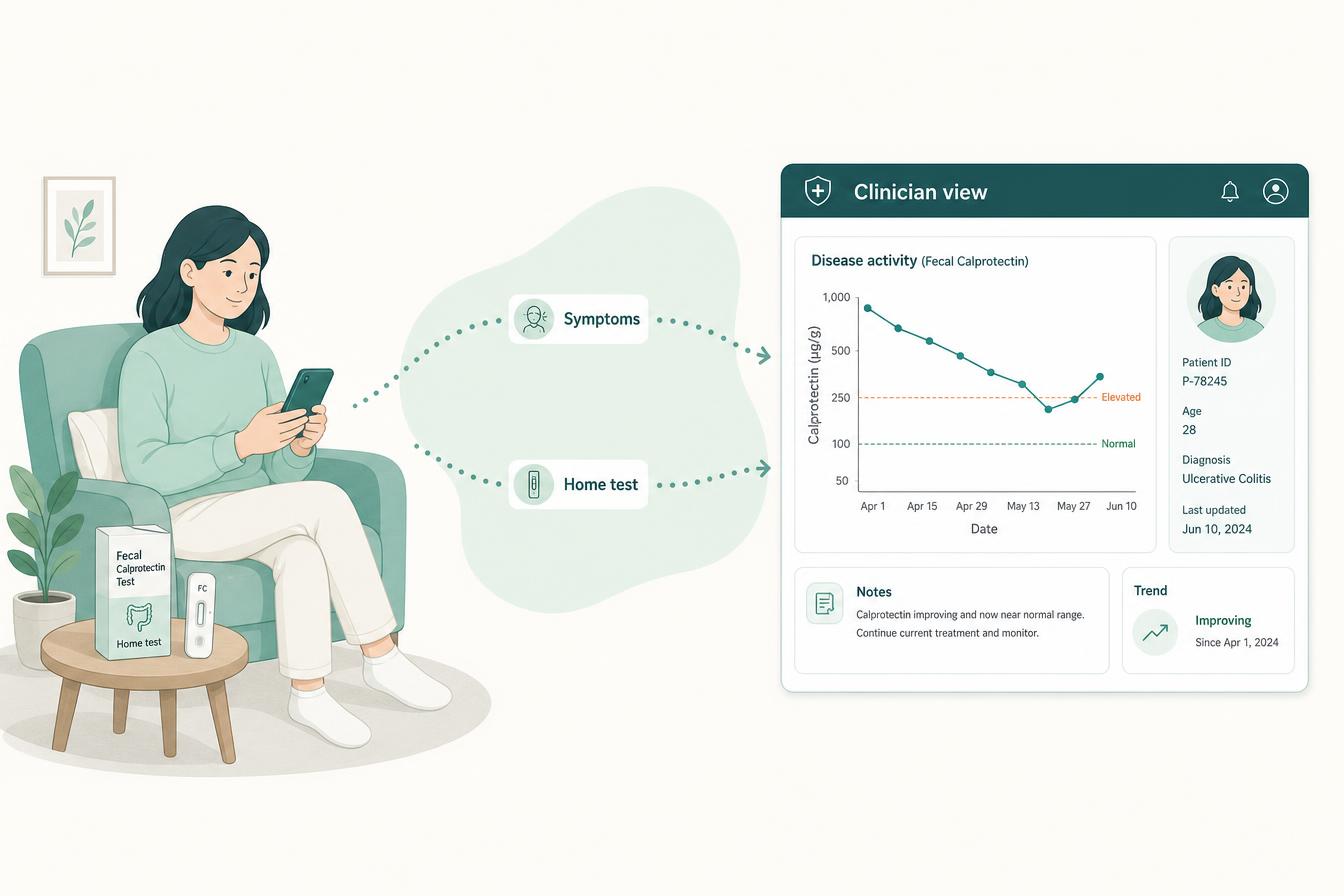 Illustration showing connected proactive IBD care between home and clinic.