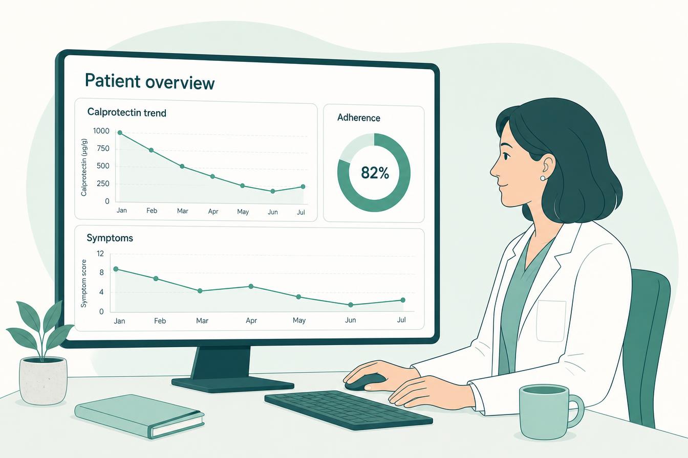 Clinician reviewing structured patient monitoring data on a modern dashboard.