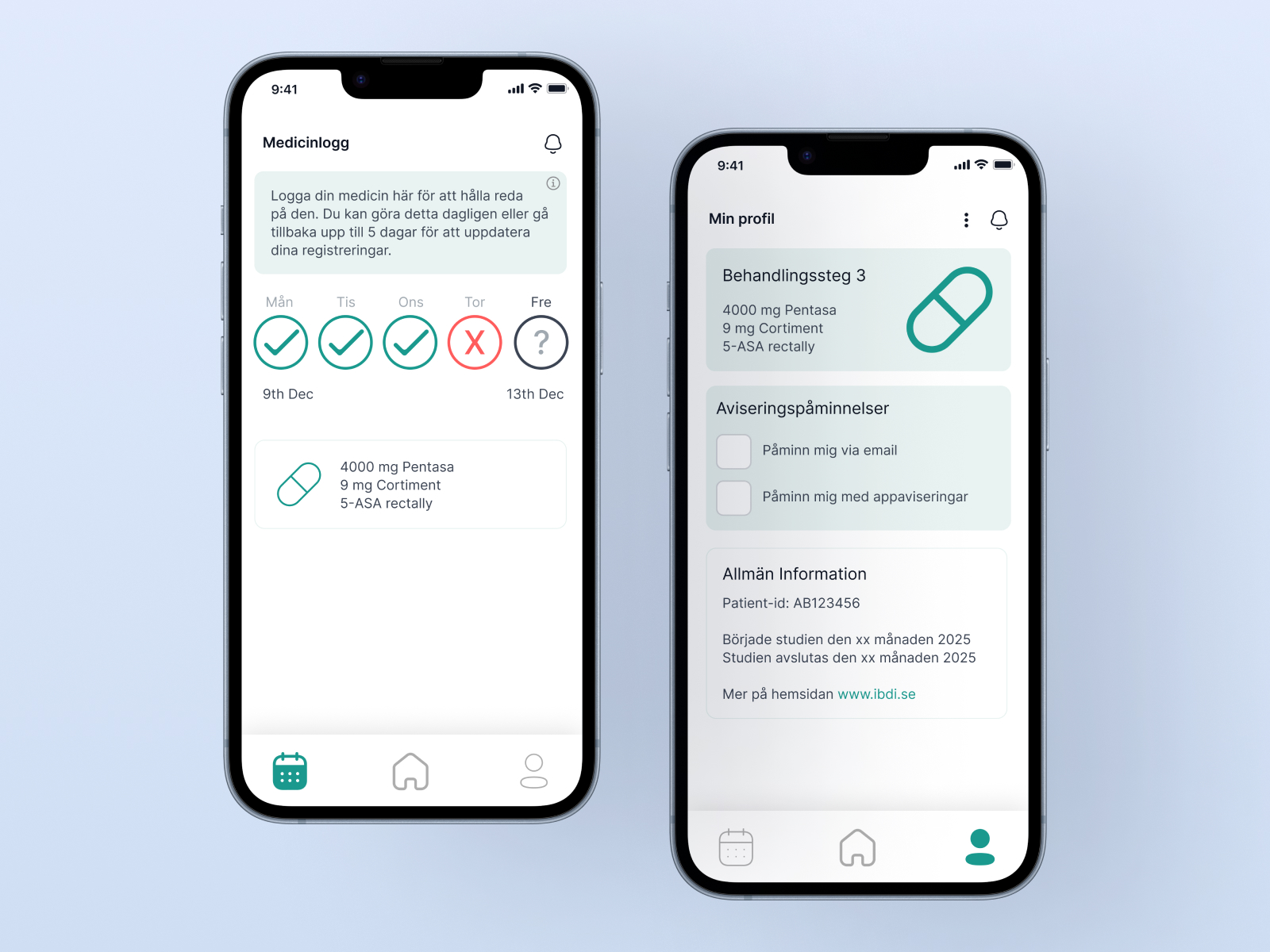 IBDi patient profile and medication log views: the data that feeds the clinician-facing clinical review interface.