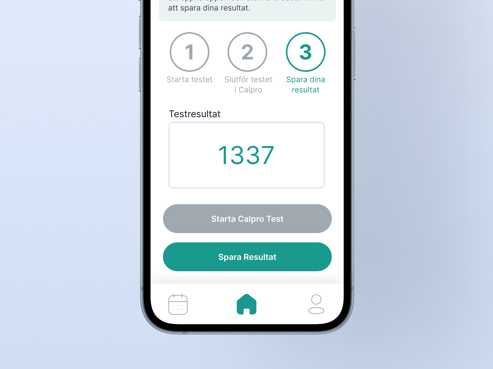 IBDi home calprotectin test flow: start, complete in the Calpro app, then save the result back into IBDi.