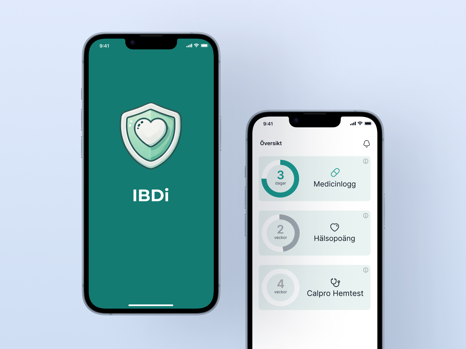 IBDi patient app: splash screen alongside the daily overview showing medication log, health score, and Calpro home test cards.