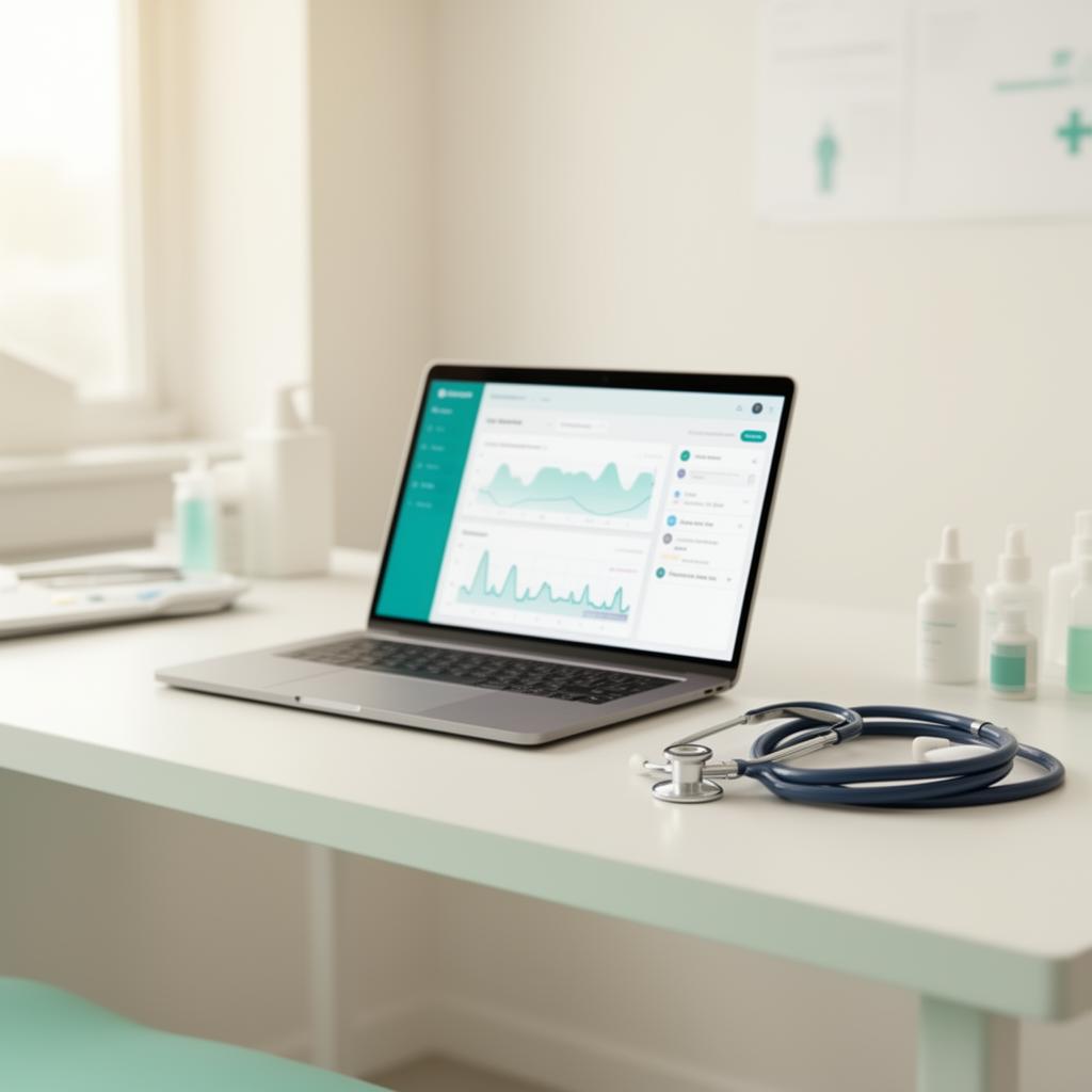 Clinician reviewing patient information at a clinic desk.
